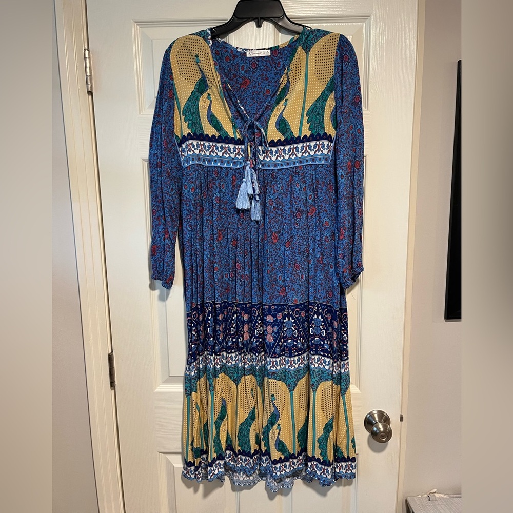 Boho Printed Midi Dress with Peacocks Size Medium